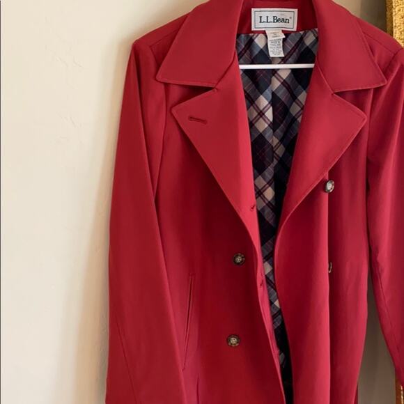 LL Bean red trench coat  jacket with plaid lining - Picture 14 of 14